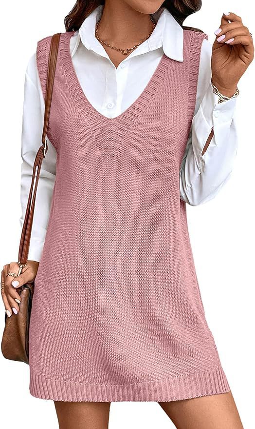 European And American Style Women V-neck A Long Sweater Vest Dress Fashion Rib Knitted Side Slit