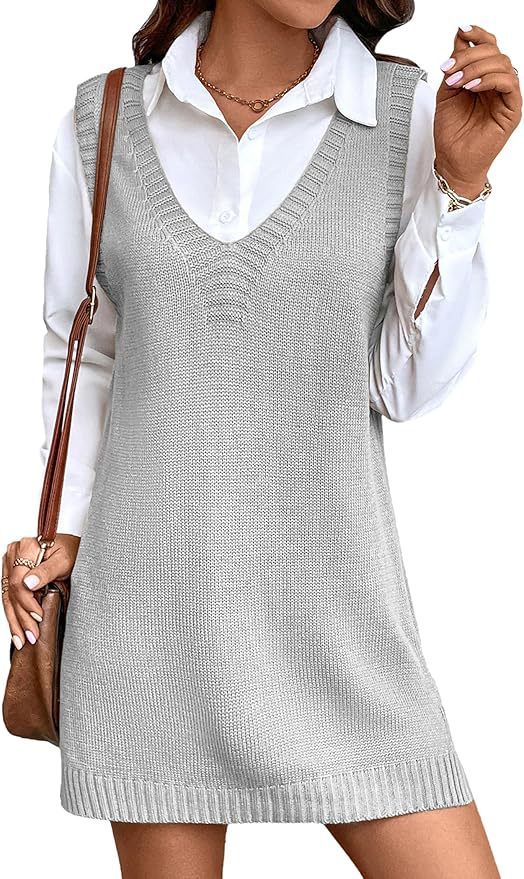 European And American Style Women V-neck A Long Sweater Vest Dress Fashion Rib Knitted Side Slit