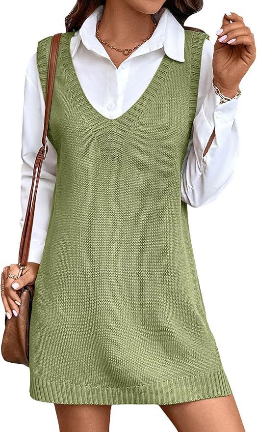 European And American Style Women V-neck A Long Sweater Vest Dress Fashion Rib Knitted Side Slit