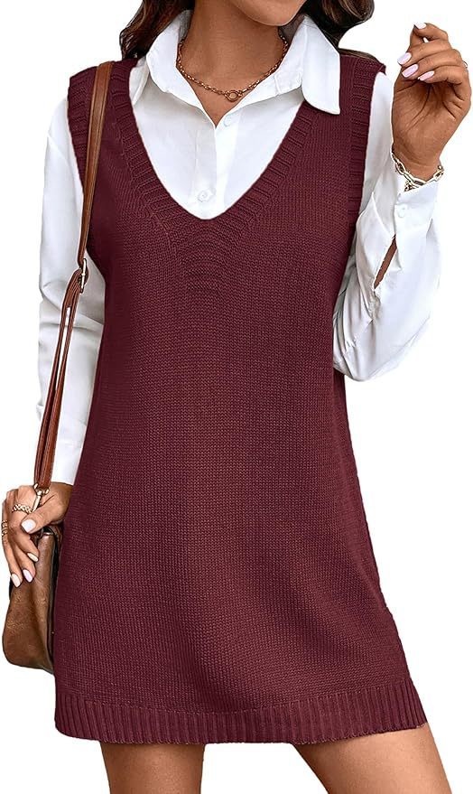 European And American Style Women V-neck A Long Sweater Vest Dress Fashion Rib Knitted Side Slit