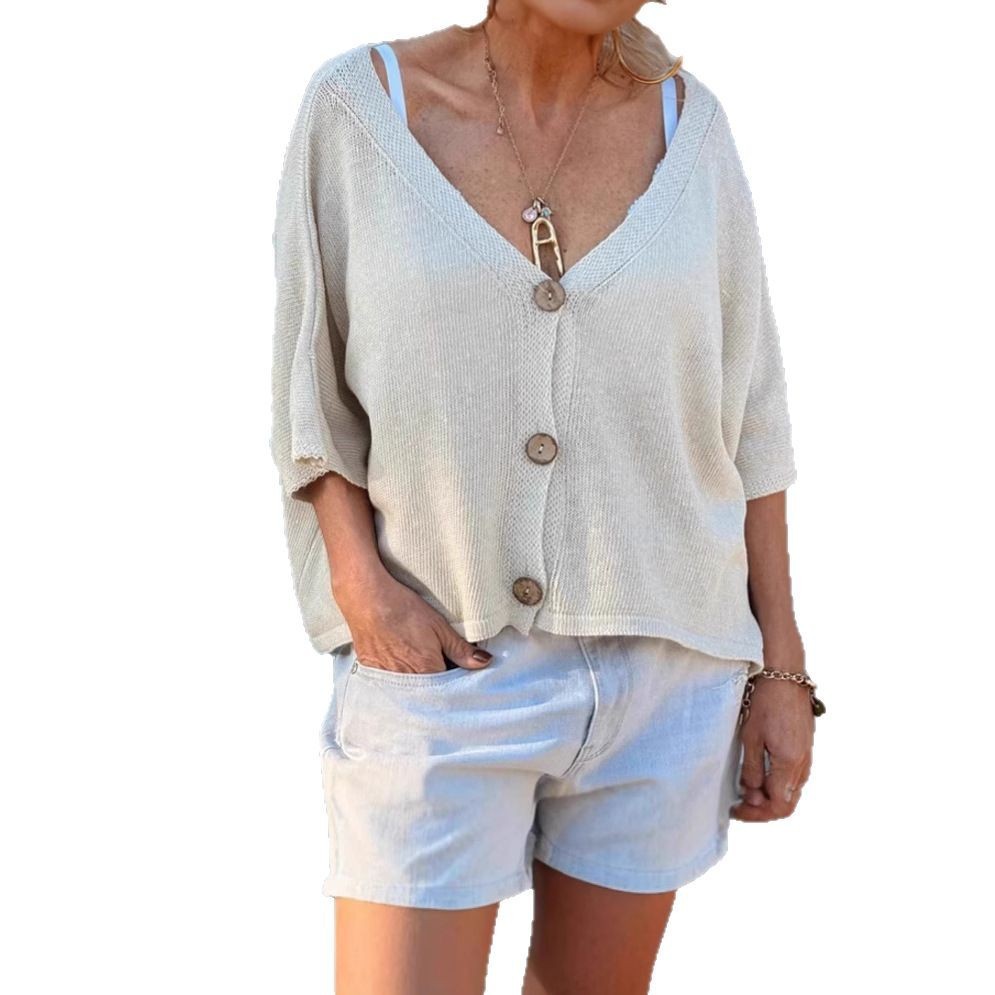 European And American Loose Casual Knitted Cardigan V-neck Buttons Women's Top