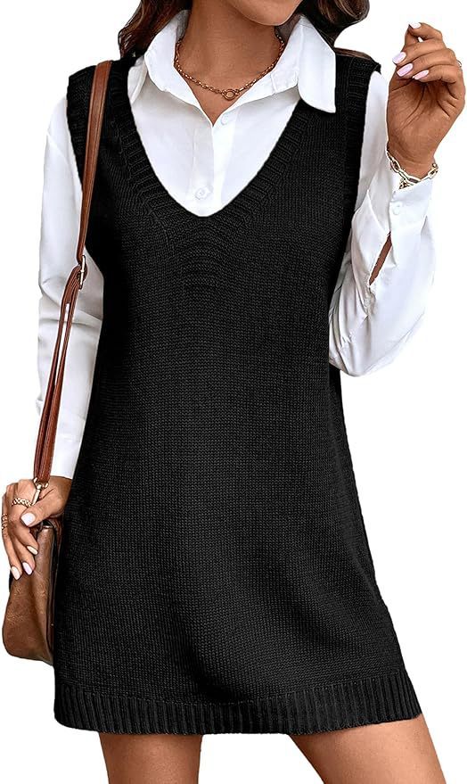 European And American Style Women V-neck A Long Sweater Vest Dress Fashion Rib Knitted Side Slit