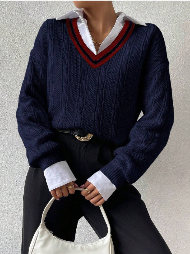 V-neck Pullover Knitted Sweater Fashion