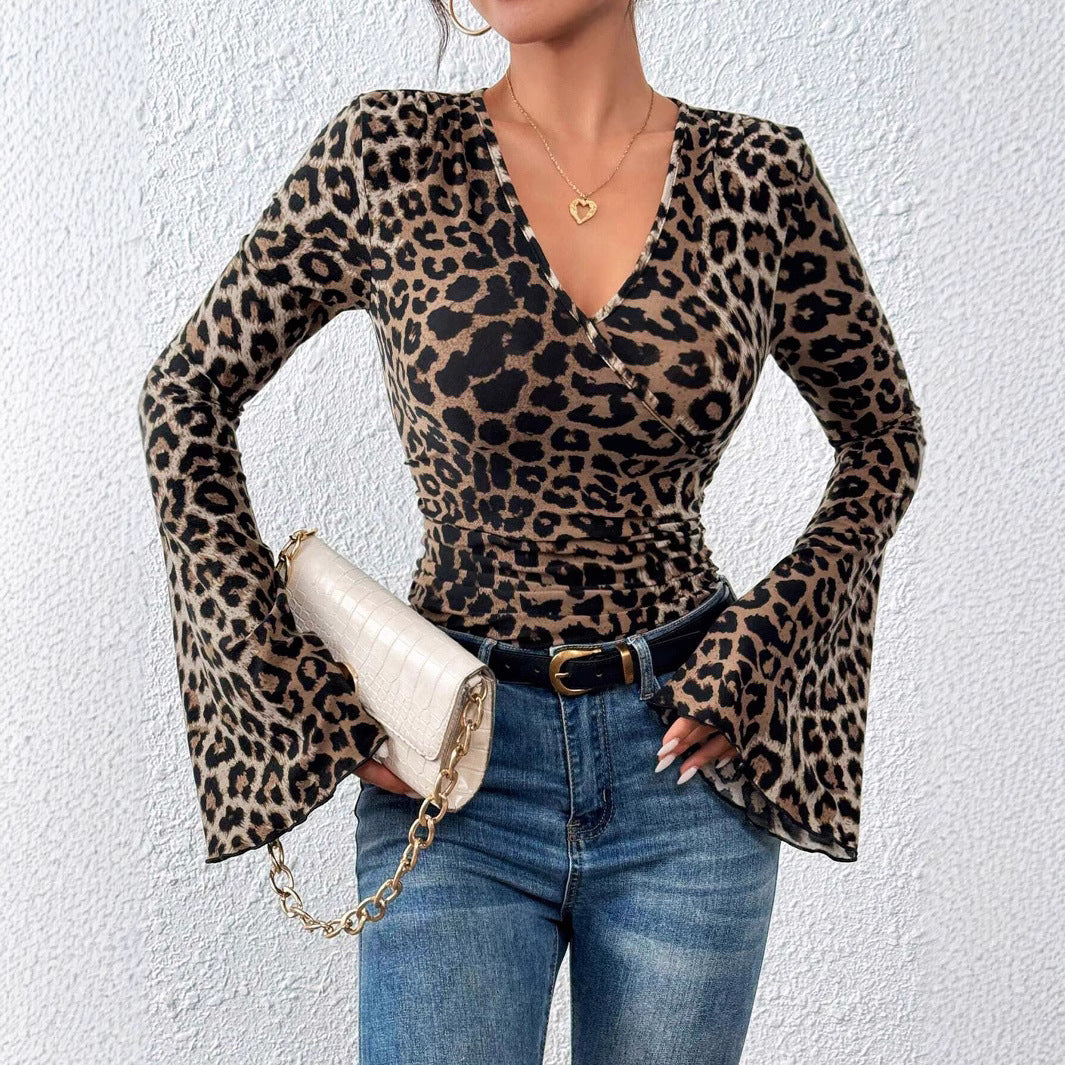 Leopard Layered V-neck Flared Sleeves Slim-fit Sexy Knitted Top