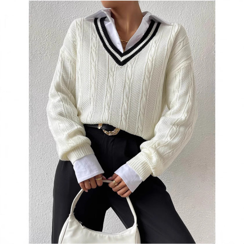 V-neck Pullover Knitted Sweater Fashion