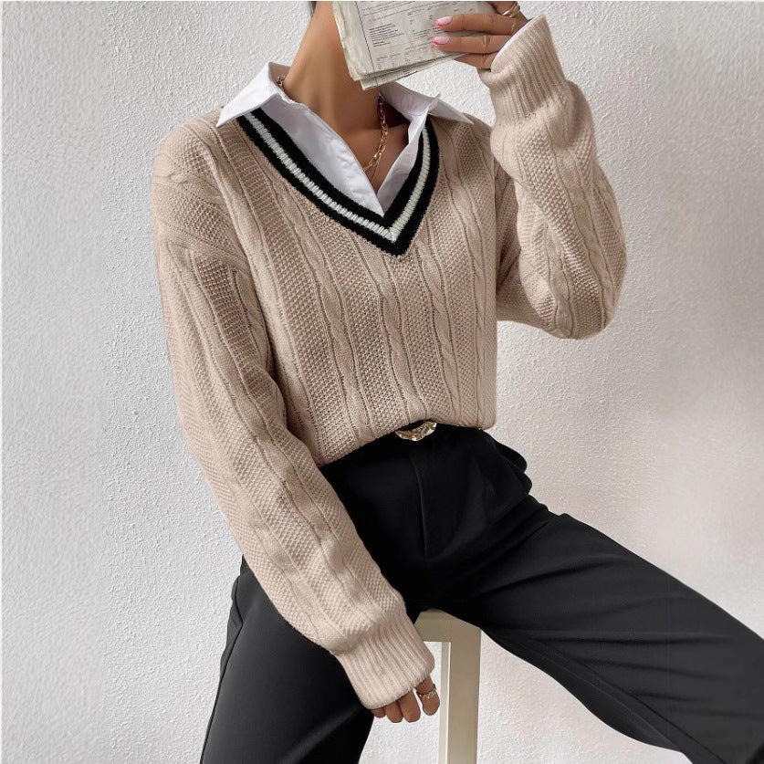 V-neck Pullover Knitted Sweater Fashion