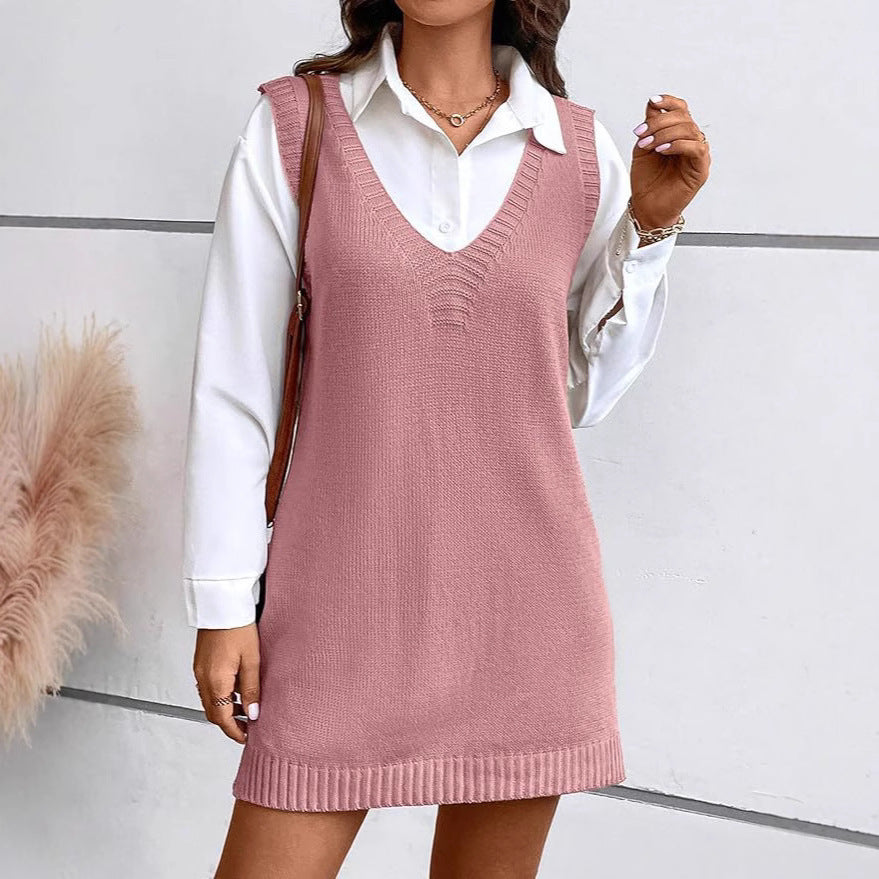 European And American Style Women V-neck A Long Sweater Vest Dress Fashion Rib Knitted Side Slit