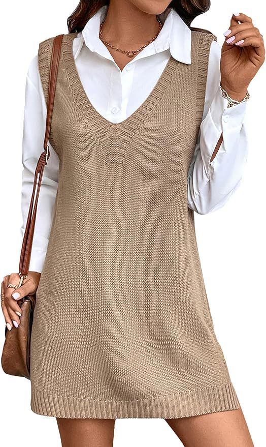 European And American Style Women V-neck A Long Sweater Vest Dress Fashion Rib Knitted Side Slit