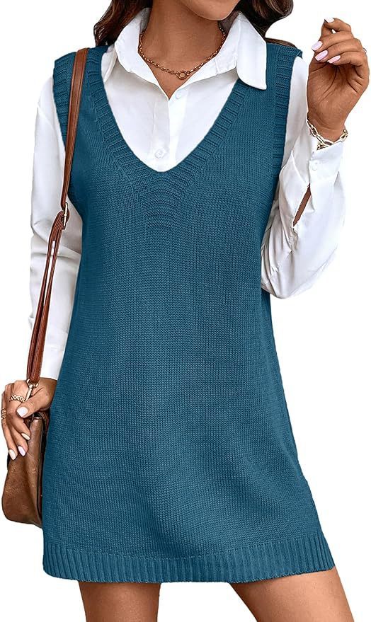 European And American Style Women V-neck A Long Sweater Vest Dress Fashion Rib Knitted Side Slit